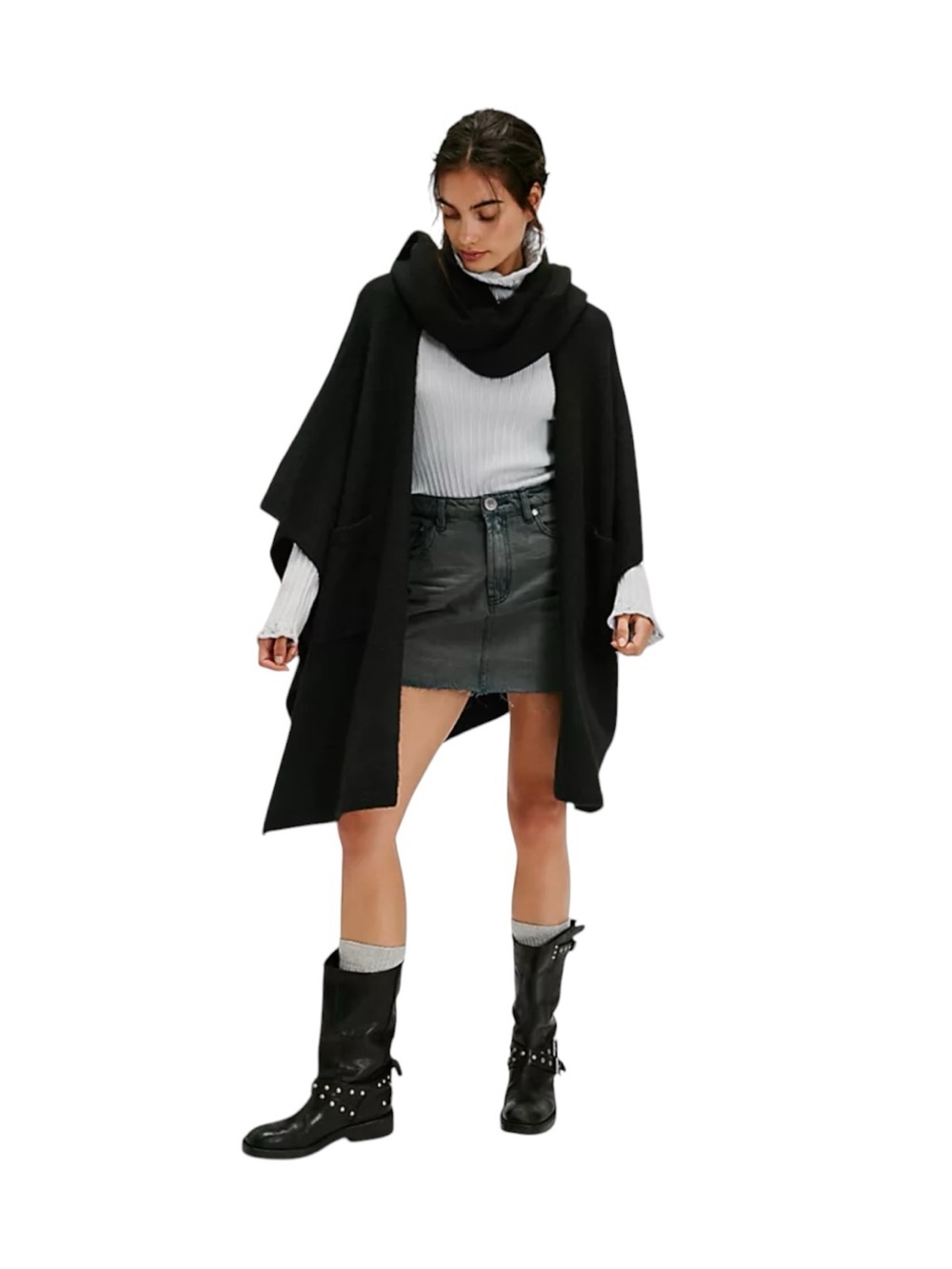 Free People Ellie Scarf Wrap Duster Sweater Kimono Onesize Black
